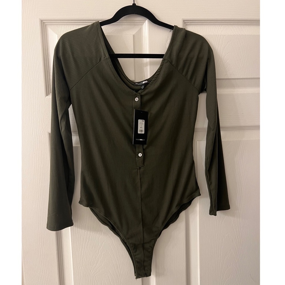 FASHIONNOVA Hazel Ribbed Henley Bodysuit - Olive